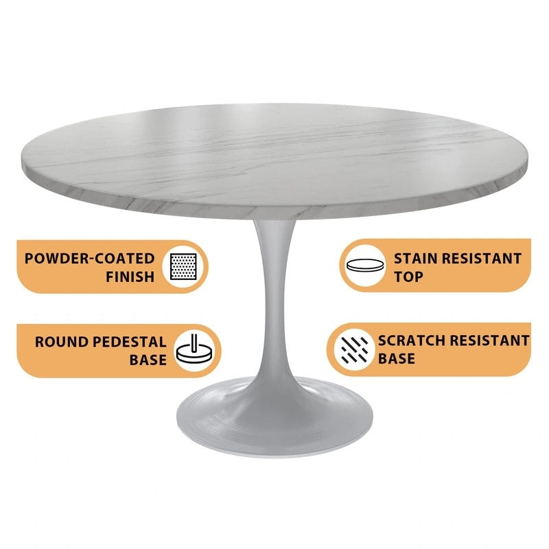 Table à Manger Ronde avec Plateau en Pierre et Piètement en Acier Blanc pour Cuisine & Salle à Manger