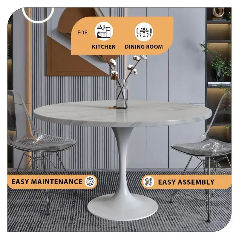 Table à Manger Ronde avec Plateau en Pierre et Piètement en Acier Blanc pour Cuisine & Salle à Manger