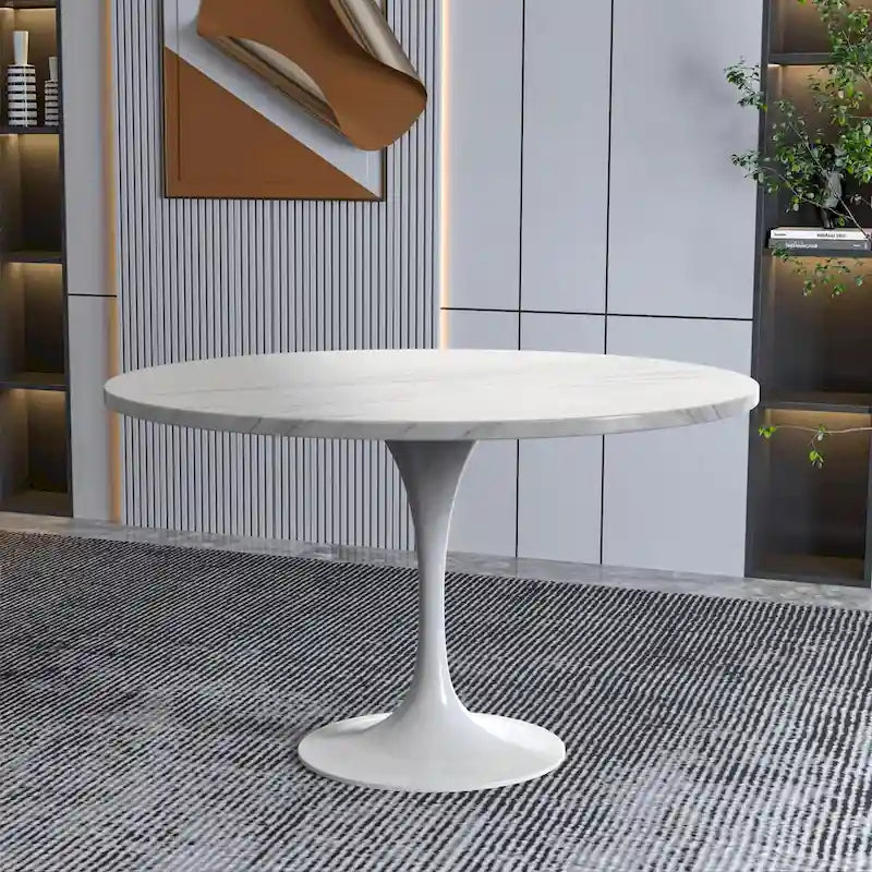 Table à Manger Ronde avec Plateau en Pierre et Piètement en Acier Blanc pour Cuisine & Salle à Manger