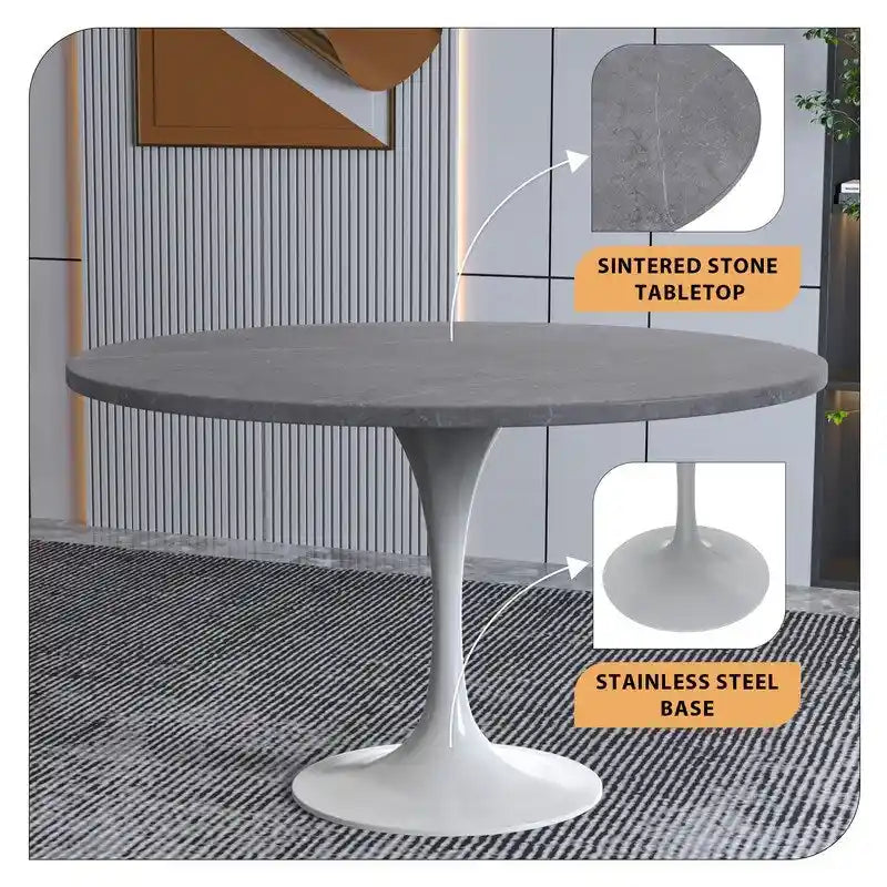 Table à Manger Ronde avec Plateau en Pierre et Piètement en Acier Blanc pour Cuisine & Salle à Manger