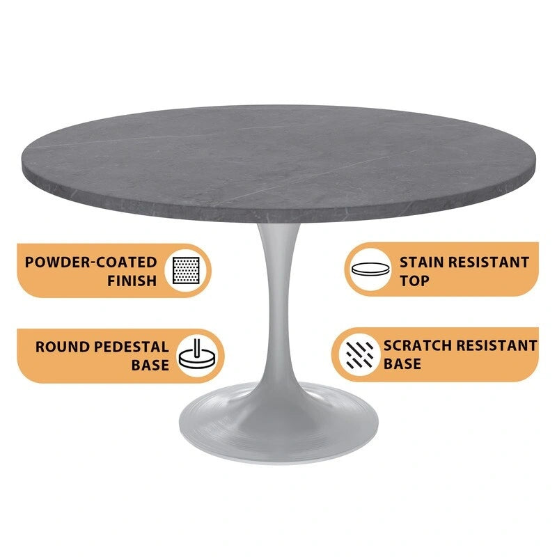 Table à Manger Ronde avec Plateau en Pierre et Piètement en Acier Blanc pour Cuisine & Salle à Manger
