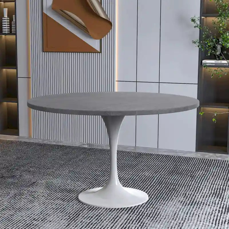 Table à Manger Ronde avec Plateau en Pierre et Piètement en Acier Blanc pour Cuisine & Salle à Manger