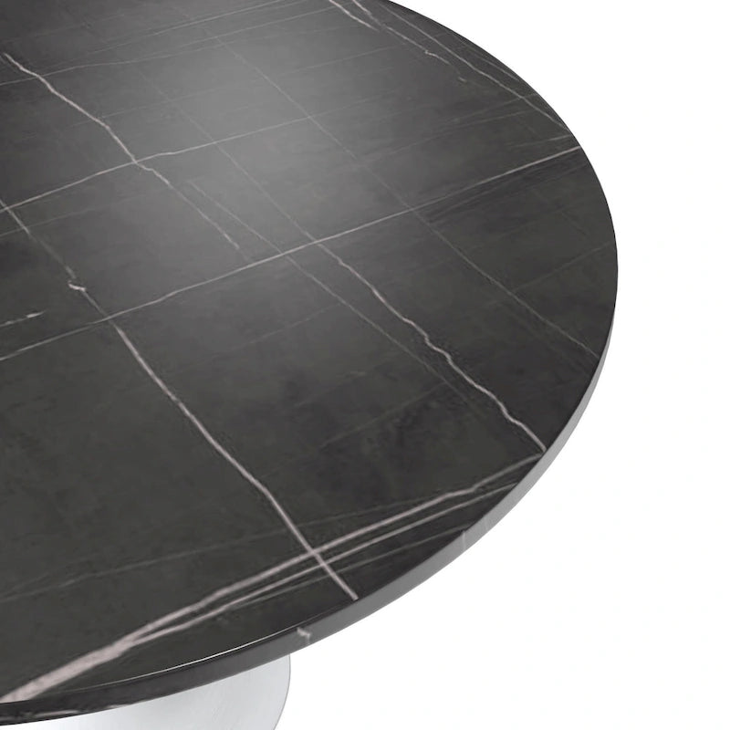 Table à Manger Ronde avec Plateau en Pierre et Piètement en Acier Blanc pour Cuisine & Salle à Manger