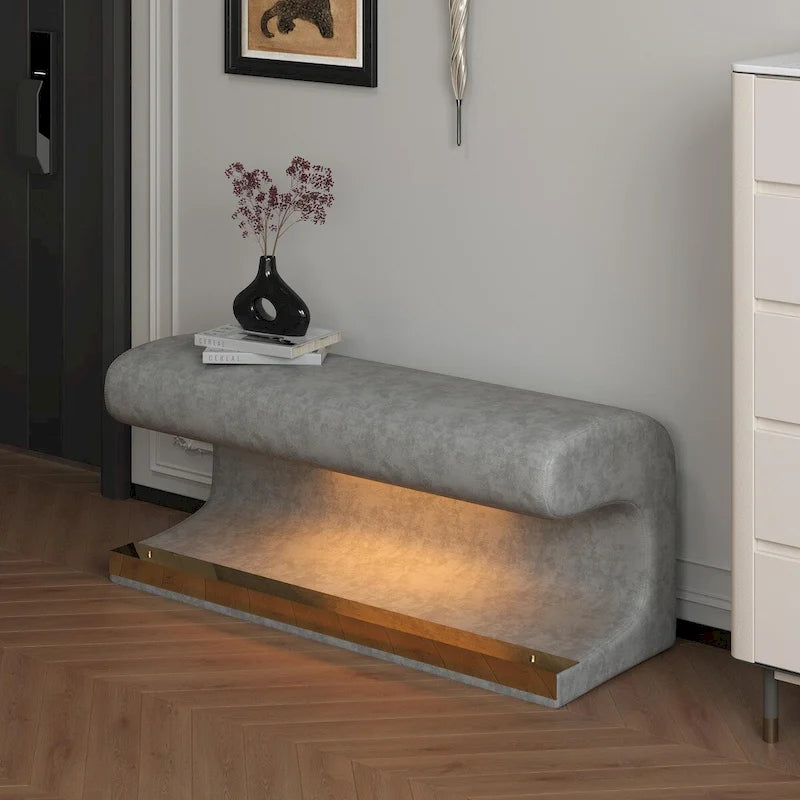 Banc d'entrée Ottoman rembourré en cuir avec capteur de lumière LED pour salon, chambre, bout de lit