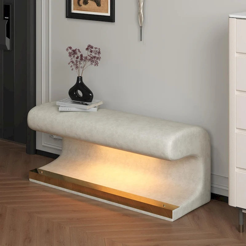 Banc d'entrée Ottoman rembourré en cuir avec capteur de lumière LED pour salon, chambre, bout de lit