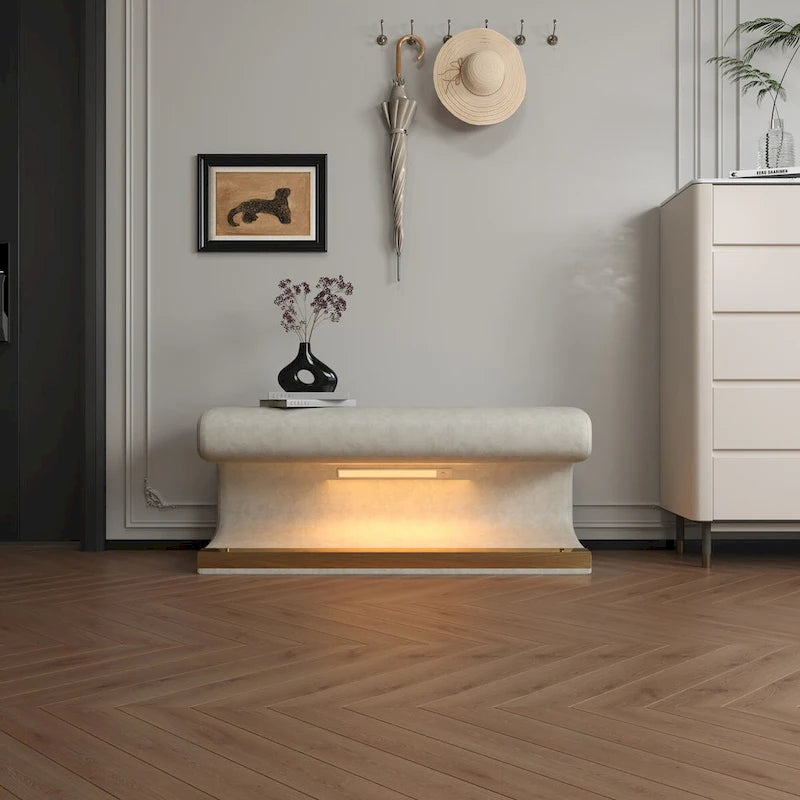 Banc d'entrée Ottoman rembourré en cuir avec capteur de lumière LED pour salon, chambre, bout de lit