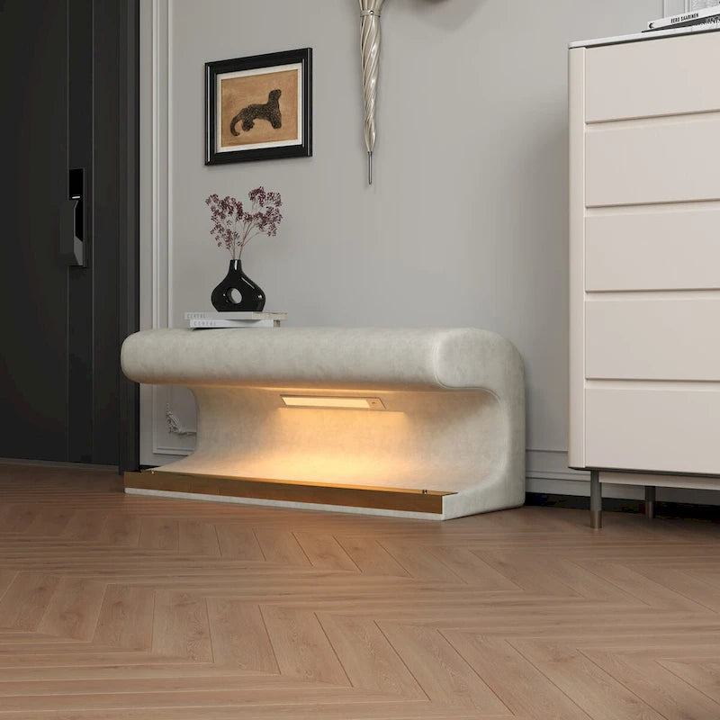 Banc d'entrée Ottoman rembourré en cuir avec capteur de lumière LED pour salon, chambre, bout de lit