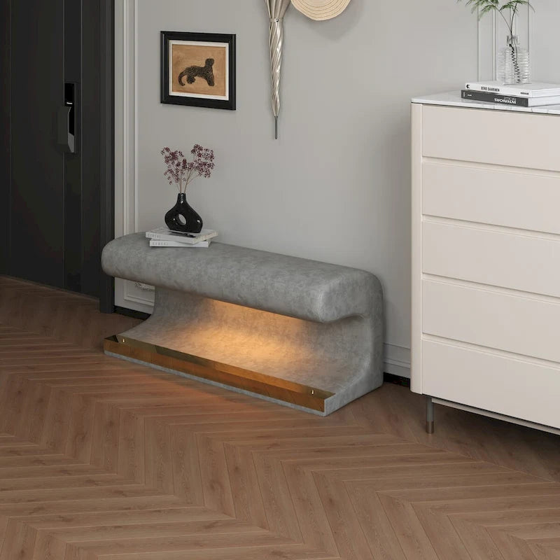 Banc d'entrée Ottoman rembourré en cuir avec capteur de lumière LED pour salon, chambre, bout de lit