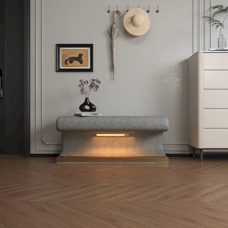 Banc d'entrée Ottoman rembourré en cuir avec capteur de lumière LED pour salon, chambre, bout de lit